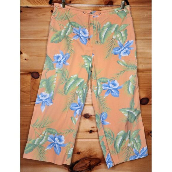 Lauren Ralph Lauren Floral Capris Pants 12 Orage Cotton Beach Drawstring 90s - Picture 14 of 16